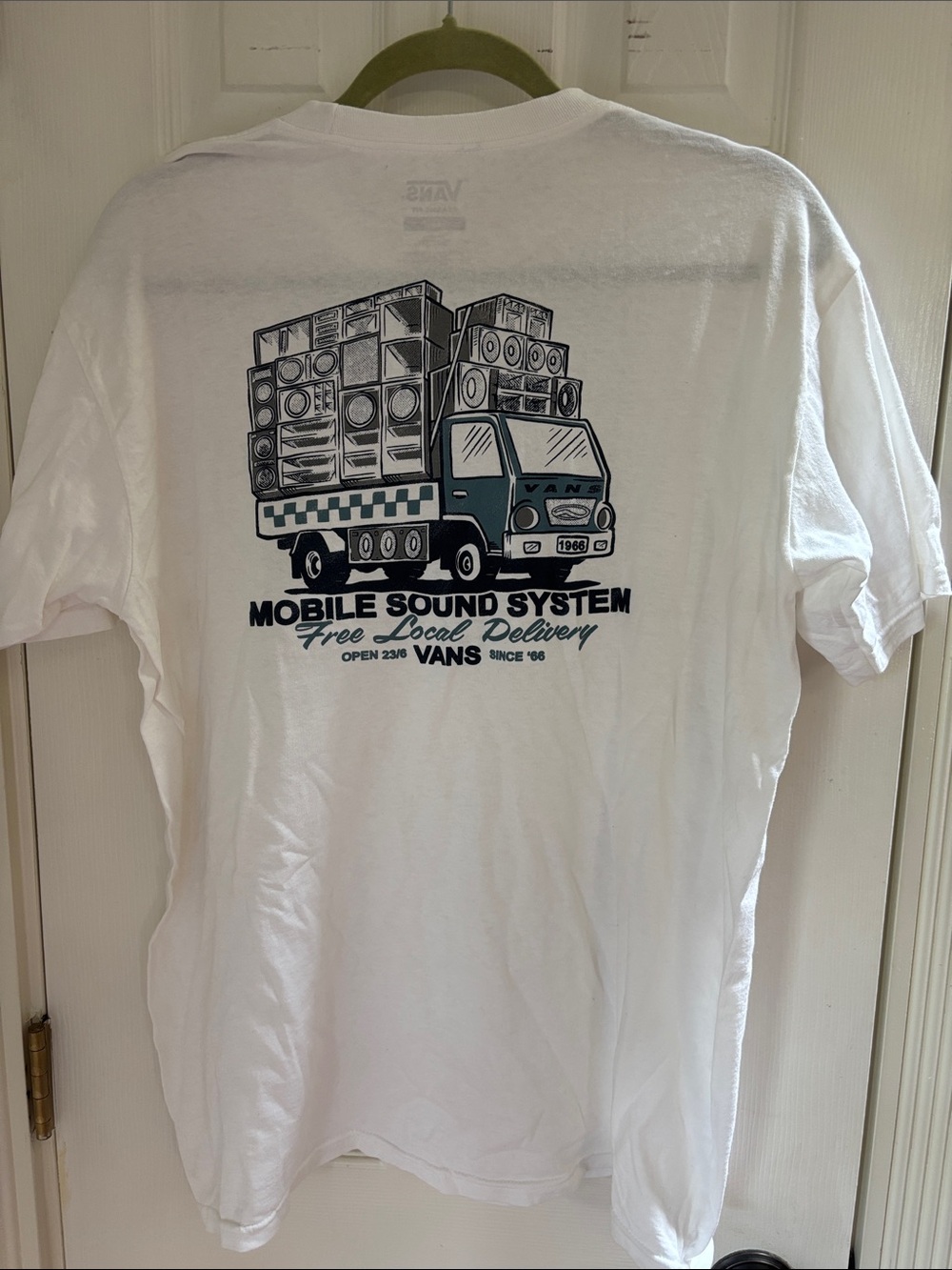 Vans White Tee with Blue and Black Mobile Sound System Graphic